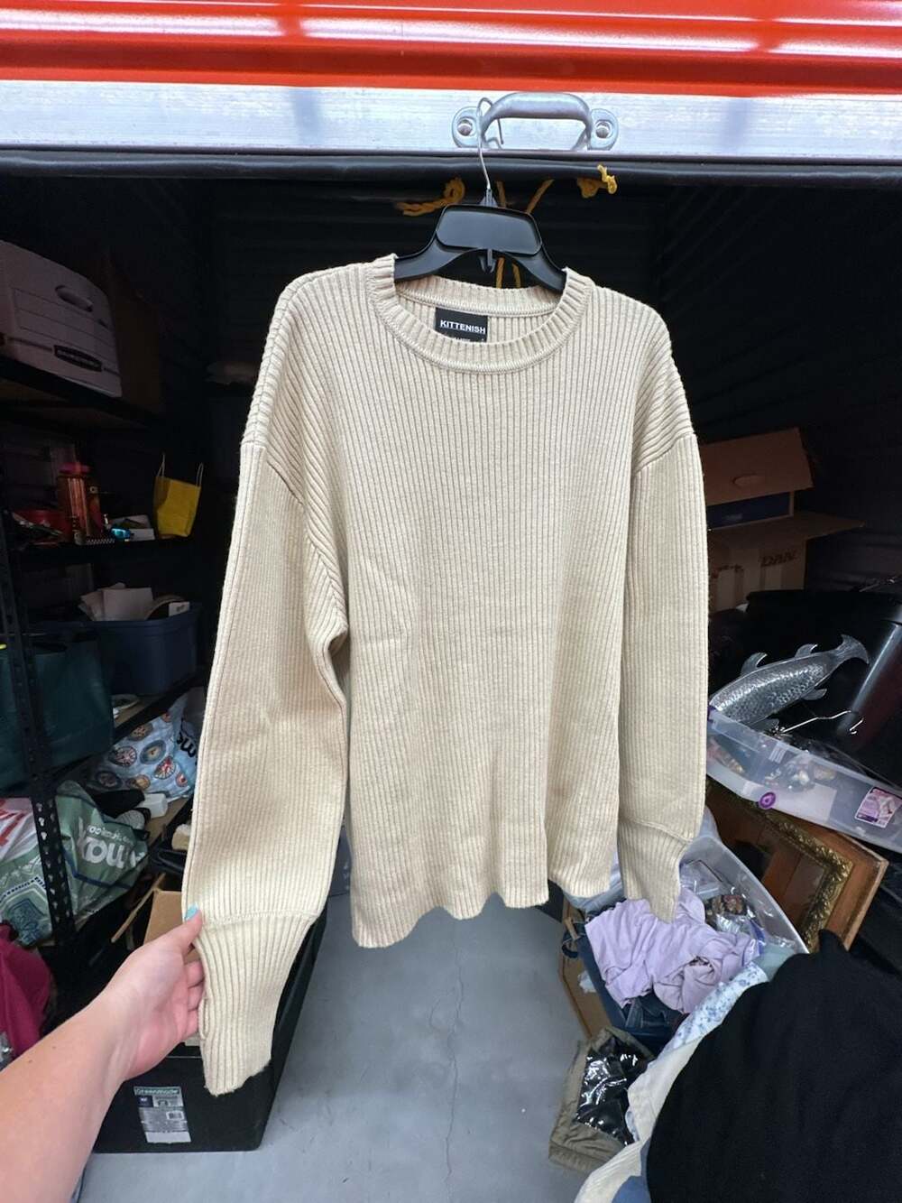Kittenish X-Large Beige Ribbed Knit Pullover Sweater